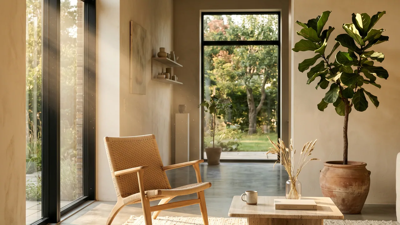 Photoreal interior render of a Scandinavian living room, warm afternoon light through tall windows, oak armchair, raw lime-plaster walls.