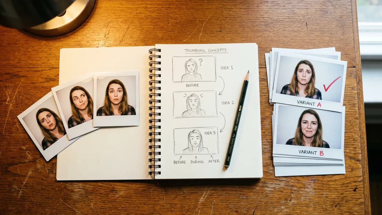 Top-down still life on a vintage wooden desk: open spiral notebook with a sketched three-panel thumbnail layout, pencil, polaroids of three faces with different eyebrow expressions, and a small stack of A/B variant prints with a red checkmark on the winner.
