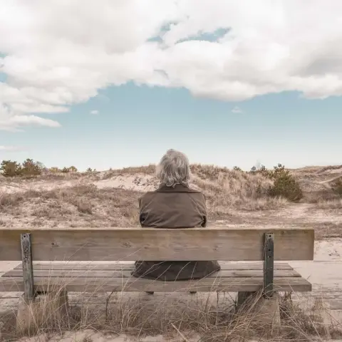 Reference: lone figure on a weathered coastal bench