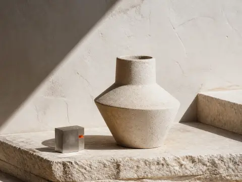 Reference: bone ceramic vessel on travertine in hard noon light