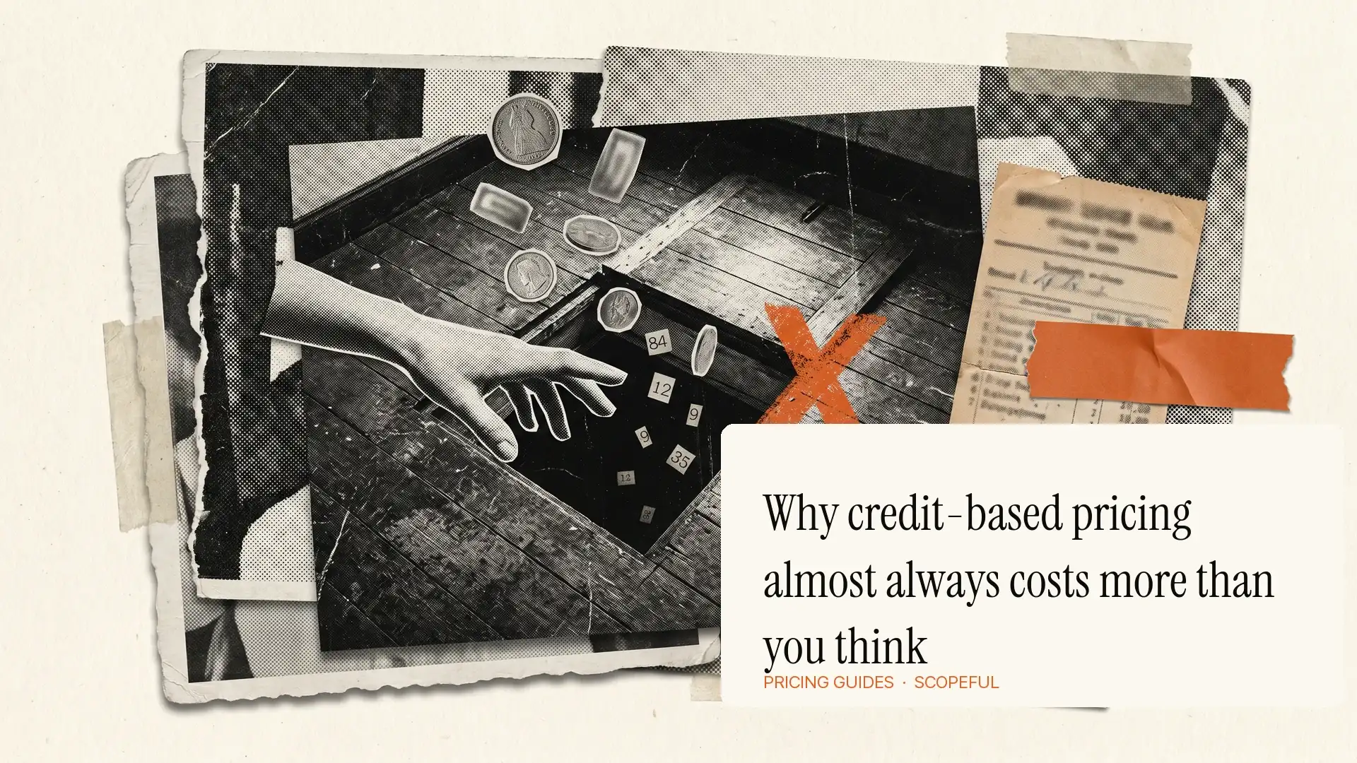 Editorial book mockup open on a warm cream surface, left page showing a clean invoice receipt with a .18 subtotal in black ink. Right page folded back revealing hidden additional fees totaling .72 in safety orange ink.