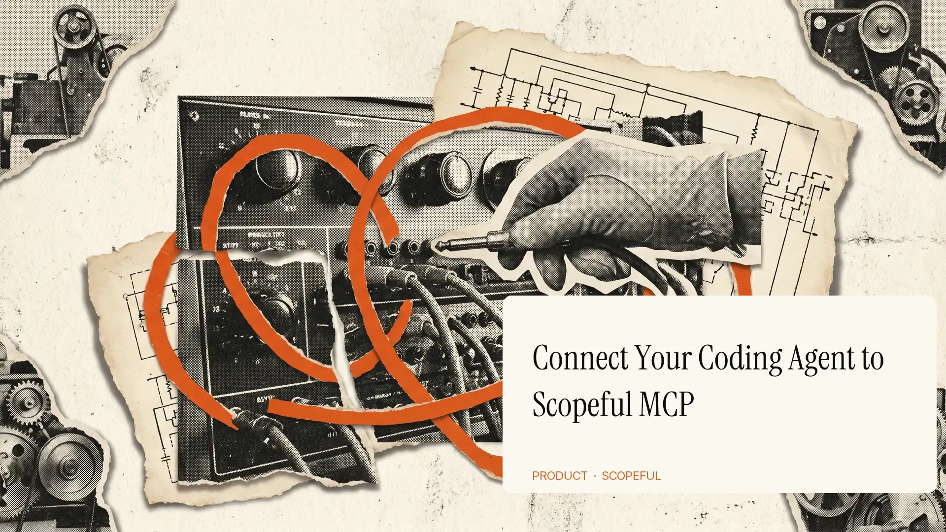 Editorial book cover mockup featuring a minimalist Model Context Protocol diagram: a coding agent terminal window on the left connects via an orange MCP bridge to a Scopeful pricing database node on the right. Safety orange connection line on warm cream paper.
