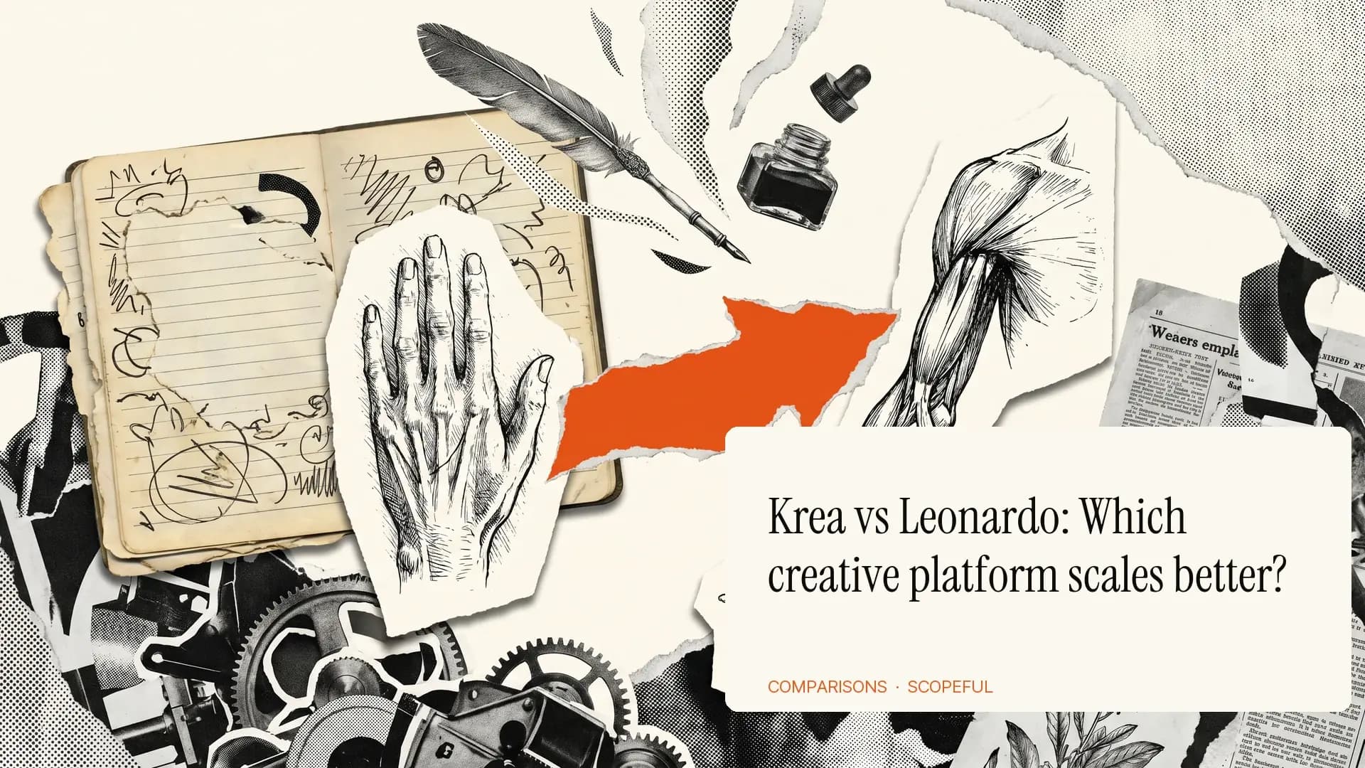 Editorial cross-section illustration of two creative studios. The Krea side is busy with multiple easels, scattered brushes, and stacks of canvases. The Leonardo side is curated with a single finished portrait on one easel and a tidy shelf of credit tokens. A thin orange paint streak crosses the dividing line.